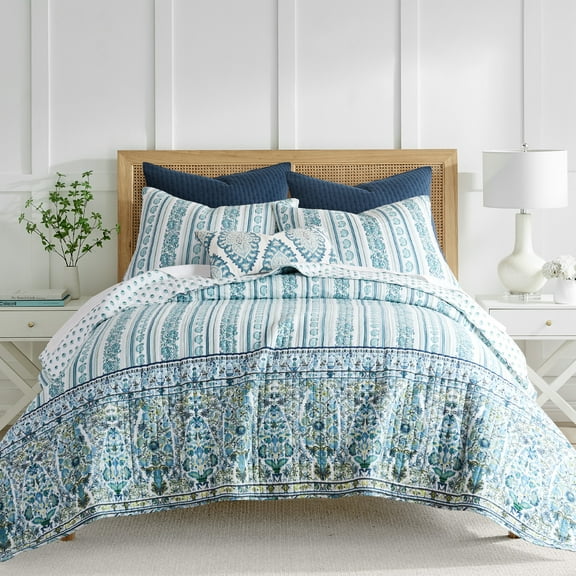 Levtex Home - Yasmina Quilt Set - King Quilt and Two King Shams - Bordered Medallion - Teal Green Blue White - Quilt (106x92in.) and Shams (20x36in.) - Reversible - Cotton