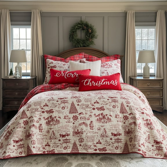 Levtex Home - Yuletide Bedspread Set - Queen Bedspread and Two Standard Shams - Christmas Holiday Script - Red and Cream - Bedspread (110X106in.) and Shams (20x26in.) - Cotton