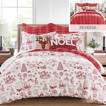 Levtex Home - Yuletide Duvet Cover Set - Full/Queen Duvet Cover + Two Standard Pillow Cases - Christmas Holiday Script - Red and Cream - Duvet Cover (90 x 94in.) and Pillow Case (26 x 20in.) - Cotton