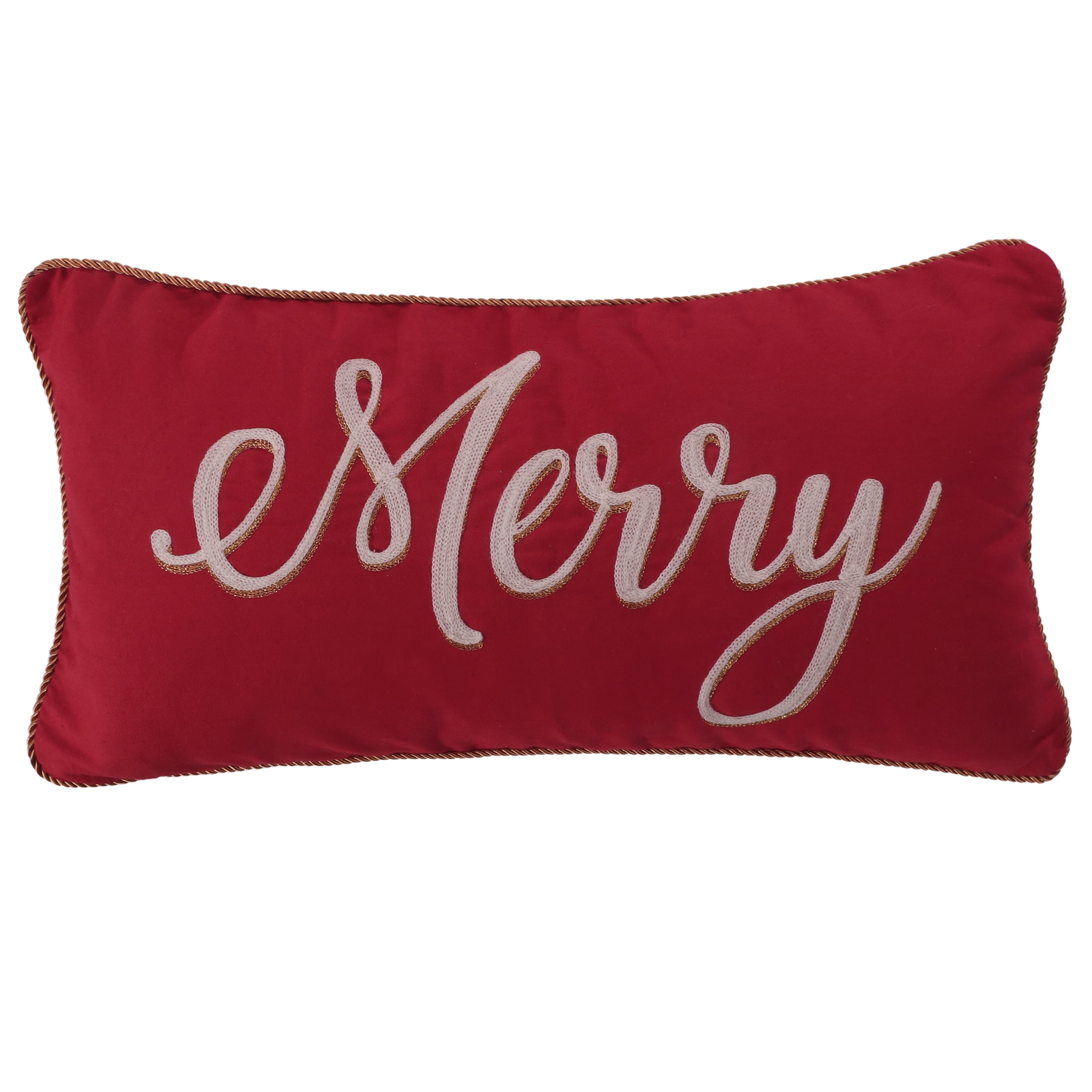 Red and Gold Embroidered Merry Holiday Pillow 12x24