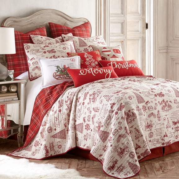Levtex Home - Yuletide Quilt Set - Full/Queen Quilt (88x92in.) + Two Standard Pillow Shams (26x20in.) - Christmas Holiday Script - Red and Cream - Reversible - Cotton