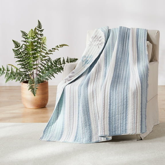Levtex - Ipanema - Quilted Throw - 50x60in. - Coastal - Blue, Taupe and Cream - Reversible Pattern - Cotton Fabric