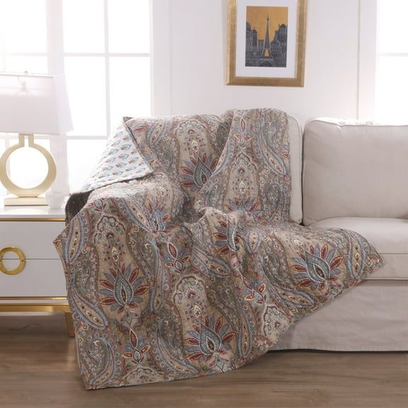 Levtex - Kasey - Quilted Throw - 50x60in. - Paisley - Red, Blue, Beige, Yellow, Black, and White - Reversible Pattern - Cotton Fabric