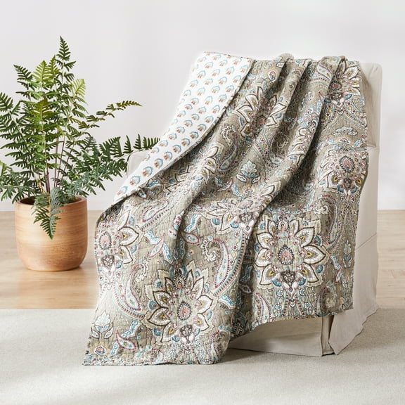 Levtex - Kassandra - Quilted Throw - 50x60in. - Medallion - Taupe, Beige, Cream, Teal, Red and Green - Reversible Pattern - Cotton Fabric