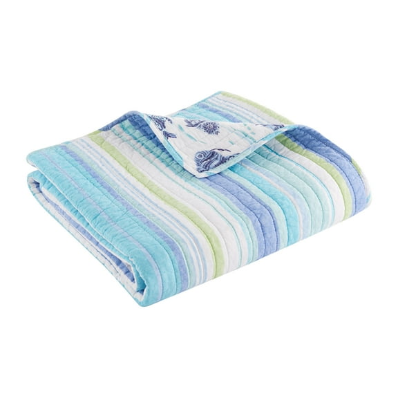 Levtex - Laida Beach - Quilted Throw - 50x60in. - Coastal Stripe - Teal, Blue, White - Reversible Pattern - Cotton Fabric