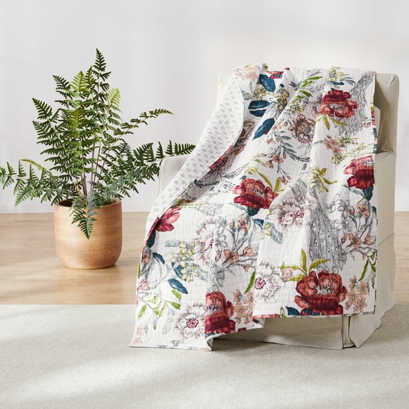Levtex - Montecito - Quilted Throw - 50x60in. - Peacock Floral - Burgundy, Coral, Teal, Green, Grey, Pink, Citron and White - Reversible Pattern - Cotton Fabric