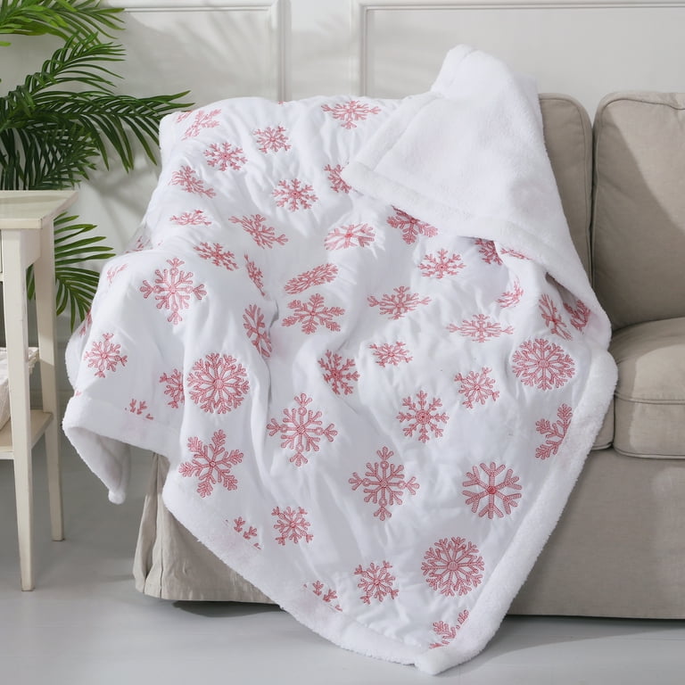 Levtex Red Snowflake Sherpa Quilted Throw 50x60in. Snowflake Holiday Red and White Reversible Cotton Walmart