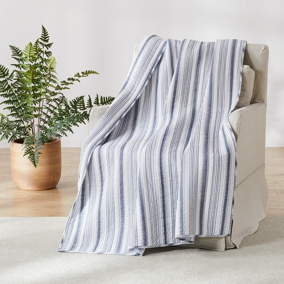 Levtex - Rochelle Stripe - Quilted Throw - 50x60in. - Navy and cream French farmhouse stripes - Reversible Pattern - Cotton Fabric
