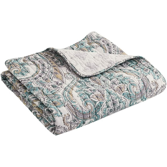 Levtex - Rome - Quilted Throw - 50x60in. - Paisley - Beige, Blue, and White - Reversible Pattern - Cotton Fabric