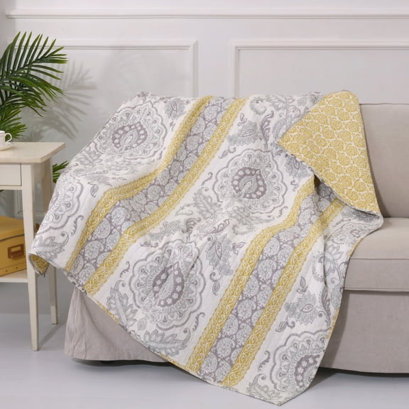 Levtex - St. Claire - Quilted Throw - 50x60in. - Suzani and Paisleys - Grey and Yellow - Reversible Pattern