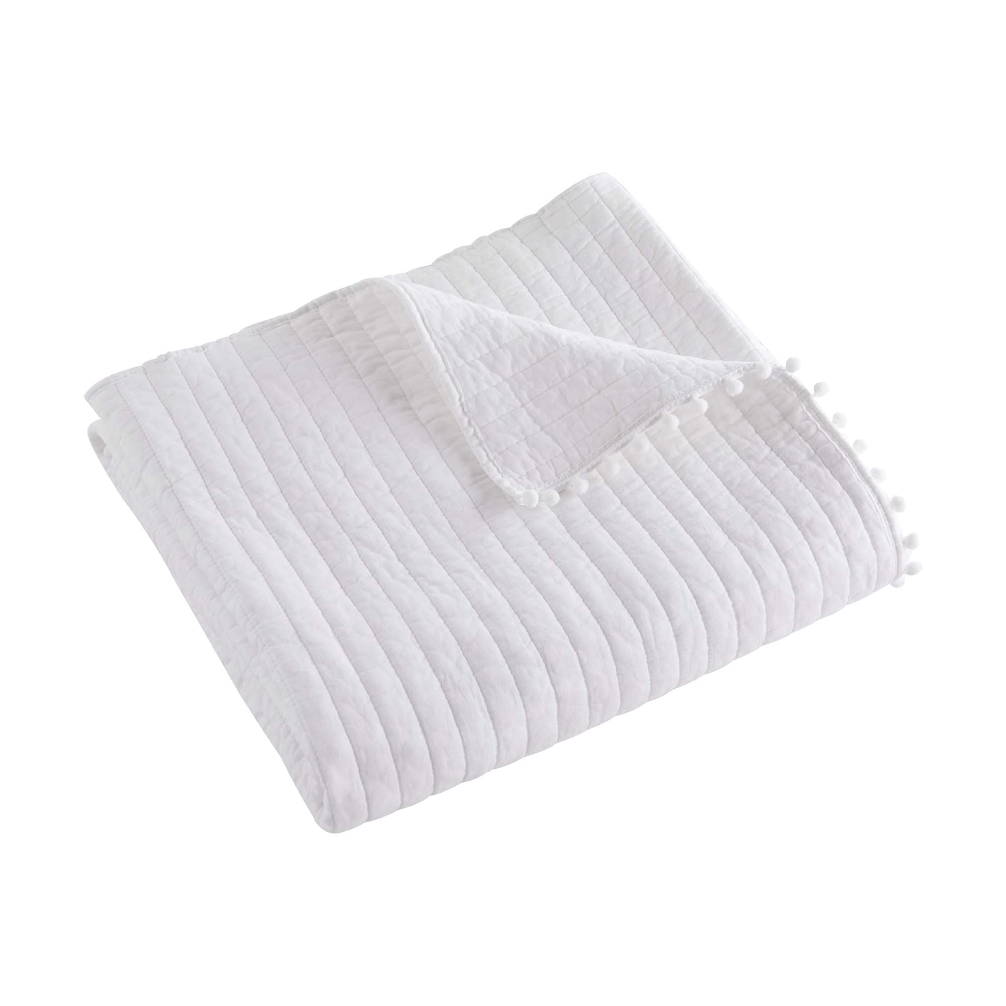 Levtex - White Pom Pom - Quilted Throw - 50x60in. - White with Decorative Pom Pom Edge - Reversible Pattern - Cotton Fabric