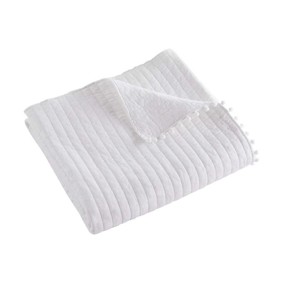 Levtex - White Pom Pom - Quilted Throw - 50x60in. - White with Decorative Pom Pom Edge - Reversible Pattern - Cotton Fabric