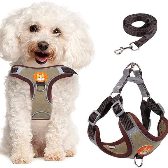 Levviye Dog Harness and Leash Reflective Breathable Set - Adjustable Vest Style for Walking, Brown S