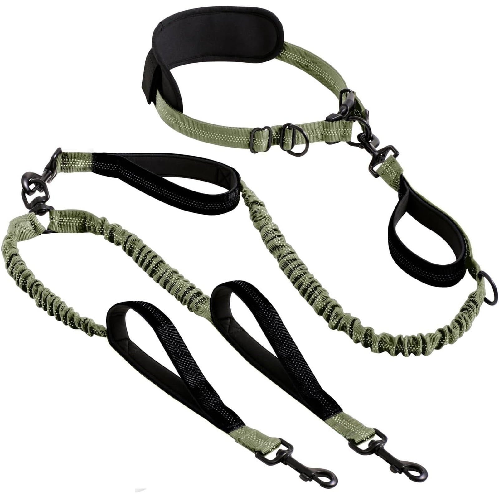 Levviye Double Dog Leash Bungee Multi-Functional Hands-Free Durable with Padded Handles for Fitness Exercise, Army Green