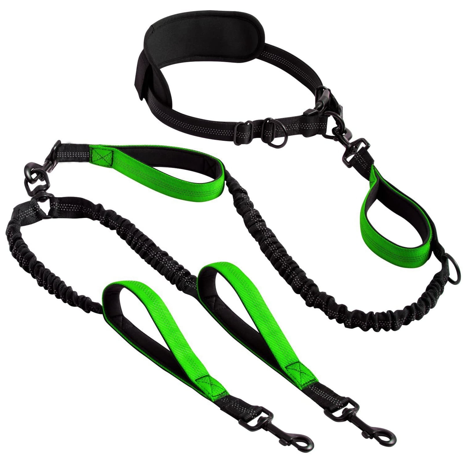 Levviye Double Dog Leash Bungee Multi-Functional Hands-Free Durable with Padded Handles for Fitness Exercise, Fluorescent Green