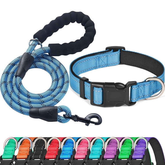 Levviye Reflective Dog Collar & Leash Set with Foam Handle for Walking, Blue XL