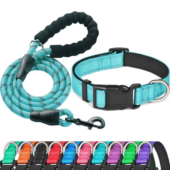 Levviye Reflective Dog Collar & Leash Set with Foam Handle for Walking, Light Blue S