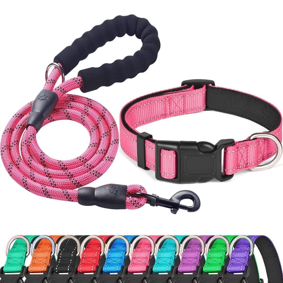 Levviye Reflective Dog Collar & Leash Set with Foam Handle for Walking, Pink XL