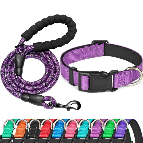Levviye Reflective Dog Collar & Leash Set with Foam Handle for Walking, Purple S