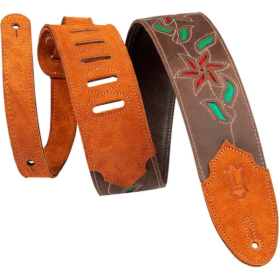 Levy's 2.5" Flowering Vine Leather Guitar Strap Brown/Red