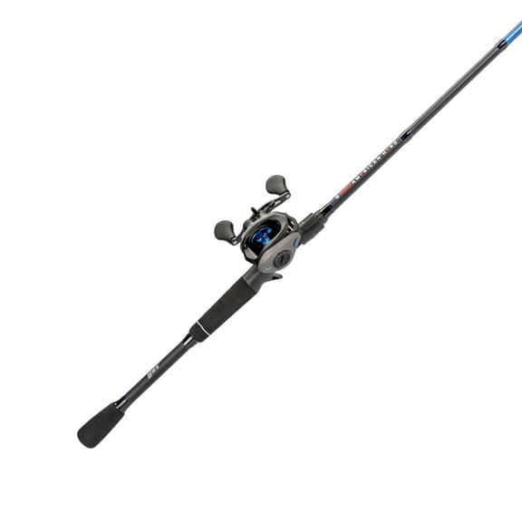 Lews American Hero Baitcast Reel and Fishing Rod Combo, 7-Foot 1-Piece Medium-Heavy Power Fast Action IM6 Graphite Rod, 4+1 Bearings, 7.5:1 Gear Ratio, Speed Gears, LH Retrieve, Gray/Black/Blue