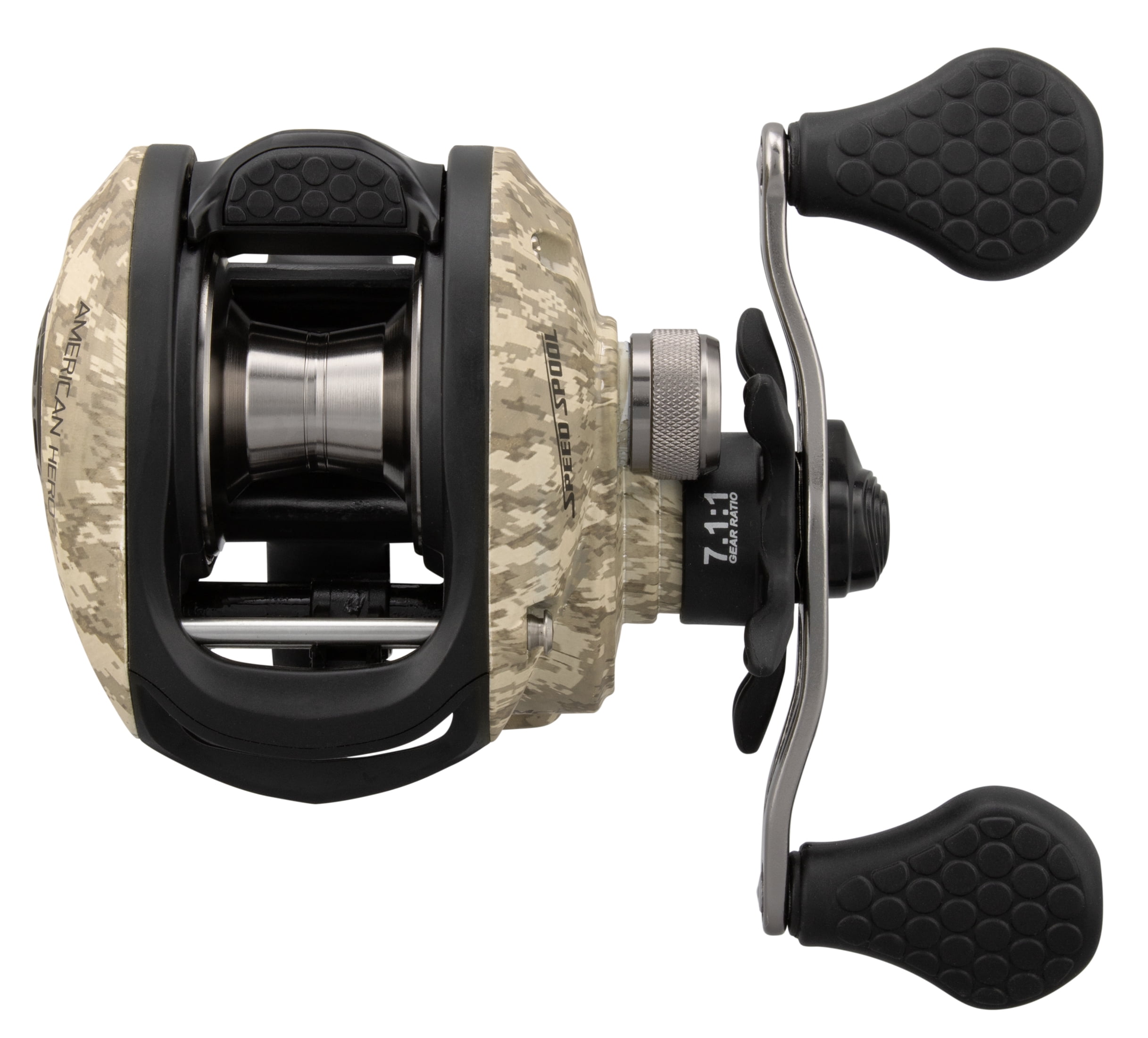 Lew's American Hero Camo Baitcast Fishing Reel, Left-Hand Retrieve, 7.1:1  Gear Ratio, 6 Bearing System with Stainless Steel Double Shielded Ball  Bearings, Camo 