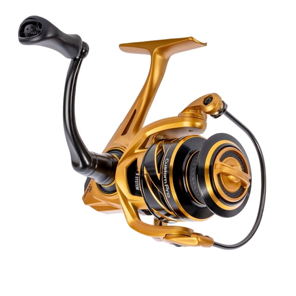 Lew’s Custom Pro 100 Spinning Reel, Size 100 Reel, 10+1 Bearings, 5.6:1 Gear Ratio, Aluminum Frame and Sideplate, Aluminum Speed Gears, Hybrid Carbon Drag, Reversible Retrieve, Gold/Black