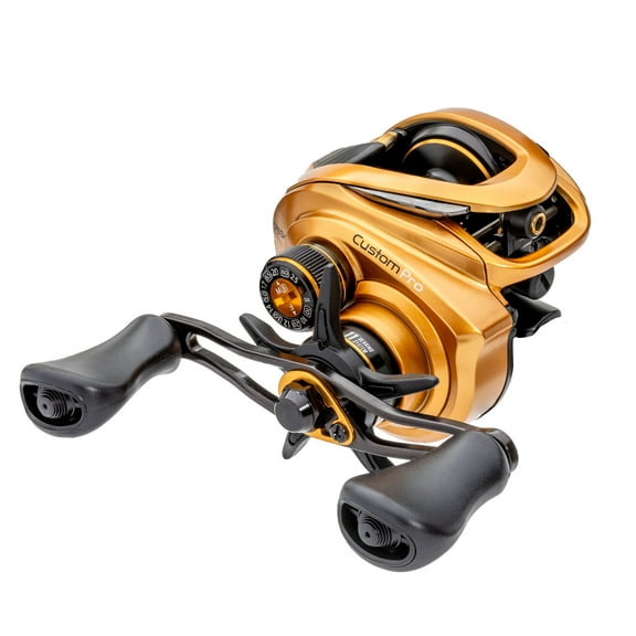Lew’s Custom Pro Baitcast Fishing Reel, 10+1 Bearings, 6.8:1 Gear Ratio, Aluminum Frame and Sideplate, ParaMag ITB Brake, Aluminum Speed Gears, Carbon Fiber Drag, Right-Hand Retrieve, Gold/Black