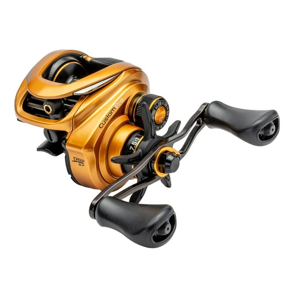 Lew’s Custom Pro Baitcast Fishing Reel, 10+1 Bearings, 7.5:1 Gear Ratio, Aluminum Frame and Sideplate, ParaMag ITB Brake, Aluminum Speed Gears, Carbon Fiber Drag, Left-Hand Retrieve, Gold/Black
