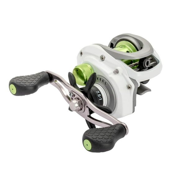 Lews MACH 1 SS Baitcast Fishing Reel, 7+1 Bearings, 7.5:1 Gear Ratio, Graphite Frame and Sideplate, Shallow Spool, Multi-Setting Brake, Combat Grips, Right-Hand Retrieve, White/Gray/Green