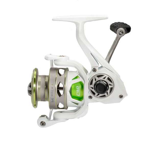 Lews MACH 1 Spinning Fishing Reel, Size 200 Reel, 9+1 Bearings, 6.2:1 Gear Ratio, Graphite Frame, Speed Gears, Speed Lube, Multi-Disc Drag, Metallic White/Gray/Green (Clam Packaging)
