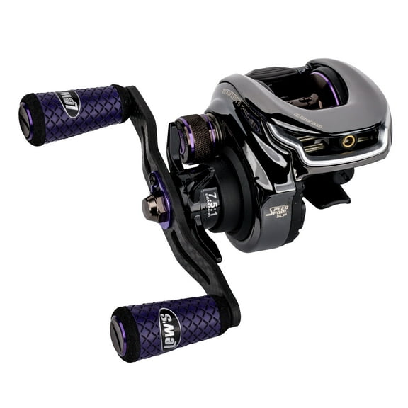 Lew's Team Lew's Pro-Ti Baitcast Reel, 7.5:1 Gear Ratio, Right-Hand Retrieve, Titanium Gray/Purple