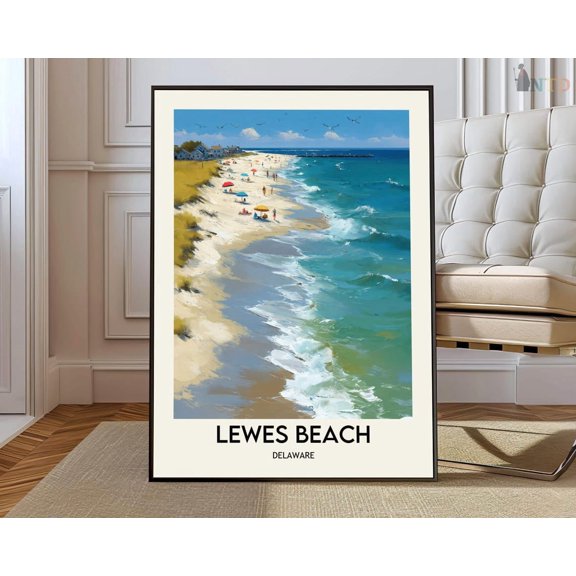 Lewes Beach Delaware Poster, Coastal Map And Atlantic Shore Decor