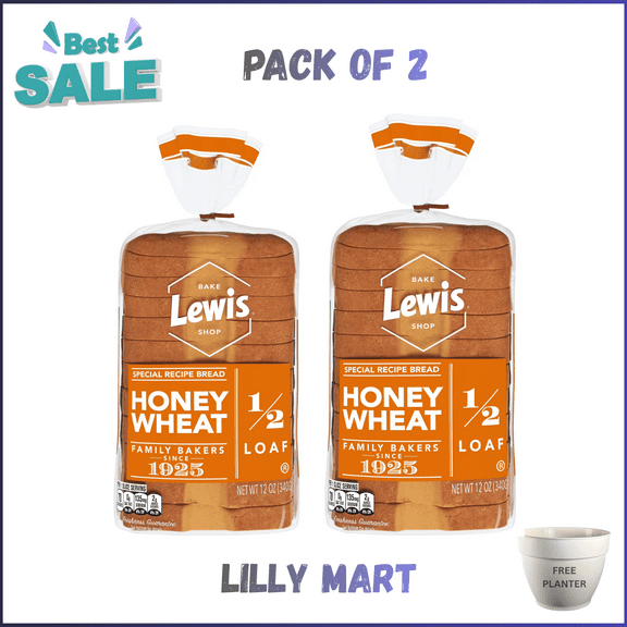 Lewis Bake Shop Honey Wheat Half Loaf Bread, 1/2 Loaf, 12 oz pack of 2
