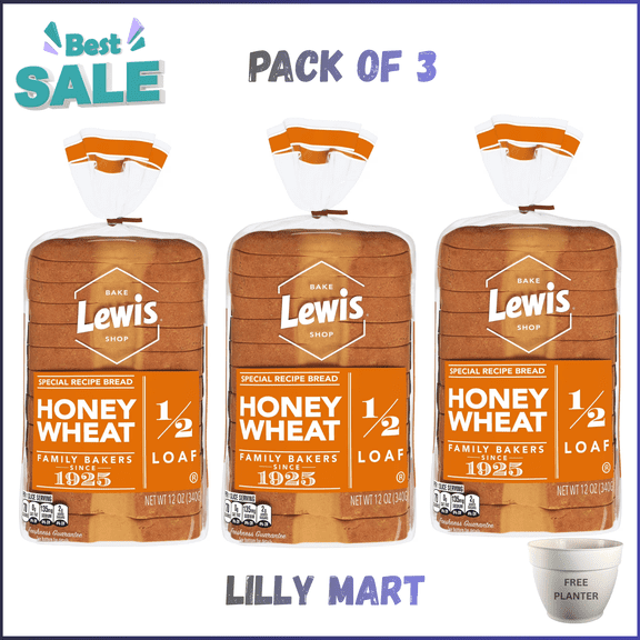 Lewis Bake Shop Honey Wheat Half Loaf Bread, 1/2 Loaf, 12 oz pack of 3