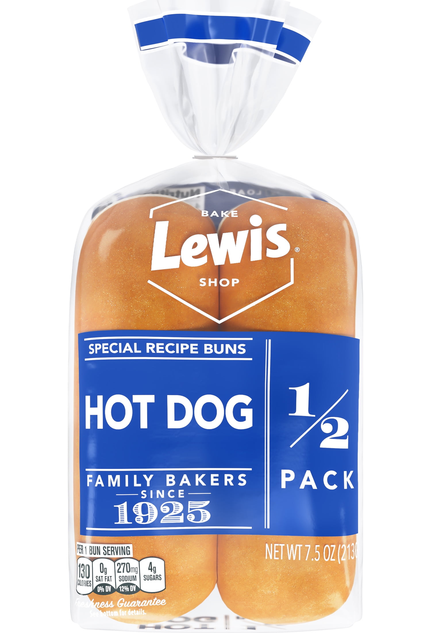 Lewis Bake Shop White Half Pack Hot Dog Buns, 7.5 oz, 4 Count