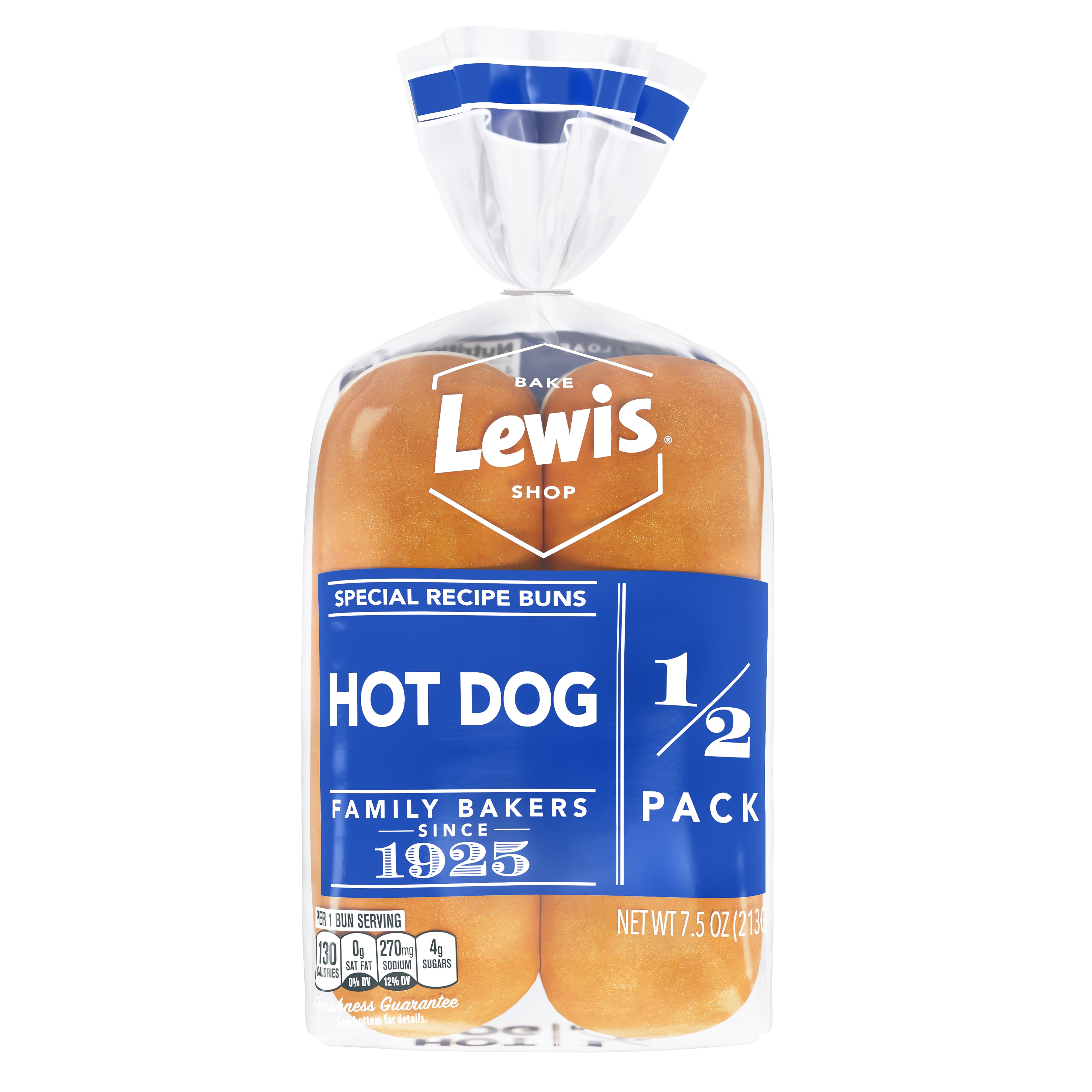 Lewis Bake Shop White Half Pack Hot Dog Buns, 7.5 oz, 4 Count