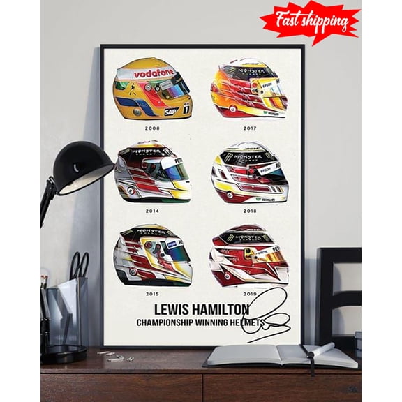 Lewis Hamilton Championship Winning Helmets With Autograph 24 x 36 Inch Poster