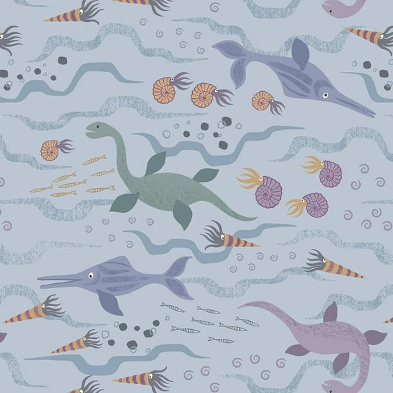 Lewis & Irene Kimmeridge Bay Sea Dinosaurs Blue 100% Cotton Fabric sold by the yard