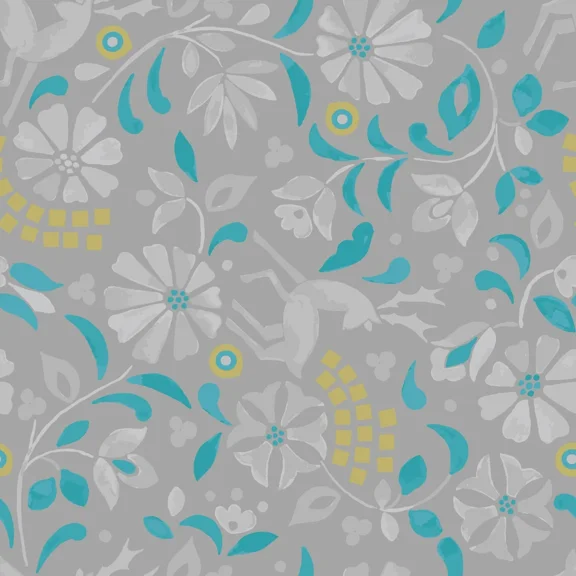 Lewis & Irene Lindos Metallic - Rhodian Deer Floral Gray 100% Cotton Fabric sold by the yard