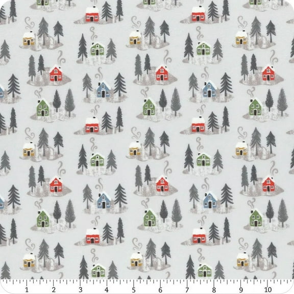 Lewis & Irene Snow Day Flannel Silver Snow Day Houses 100% Cotton Fabric sold by the yard