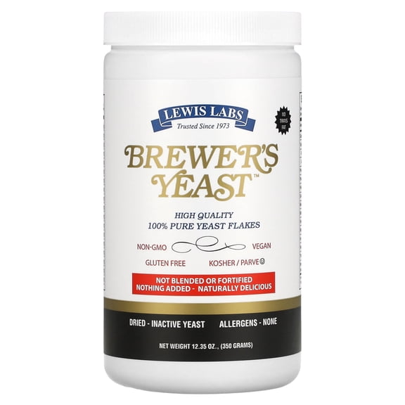 Lewis Labs Brewers Yeast Flakes, 12.35 Oz (350 g), 100% Pure Non-GMO, Vegan, Gluten Free, Kosher, Natural Nutrient-Rich Supplement