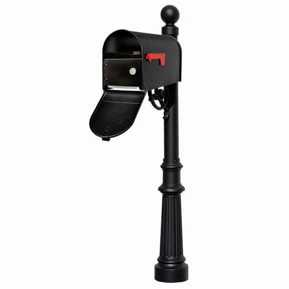 Lewiston post system with E1 Economy mailbox and E1 Locking Insert, mounting plate, fluted base and ball finial , Black