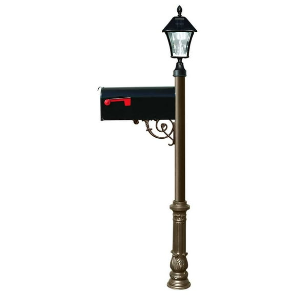 Lewiston post w/ economy #1 mailbox, ornate base in bronze color with black solar lamp