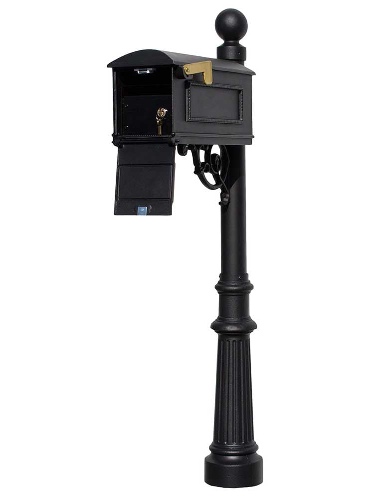 Lewiston Black Aluminum Locking Post Mounted Mailbox with Decorative Finial