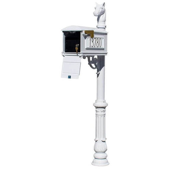 Lewiston Equine Mailbox Post System with Locking Insert, ornate base, horsehead finial and 3 cast aluminum personalized address plates, White