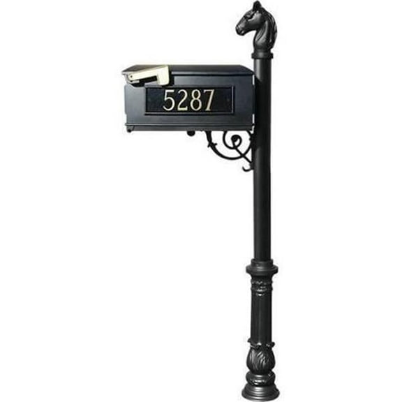 Lewiston LMC-701-BL Mailbox Post System with Ornate Base & Horsehead Finial & 3 Cast Plates, Black