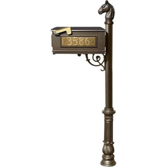 Lewiston LMC-701-BZ Mailbox Post System with Ornate Base & Horsehead Finial & 3 Cast Plates, Bronze