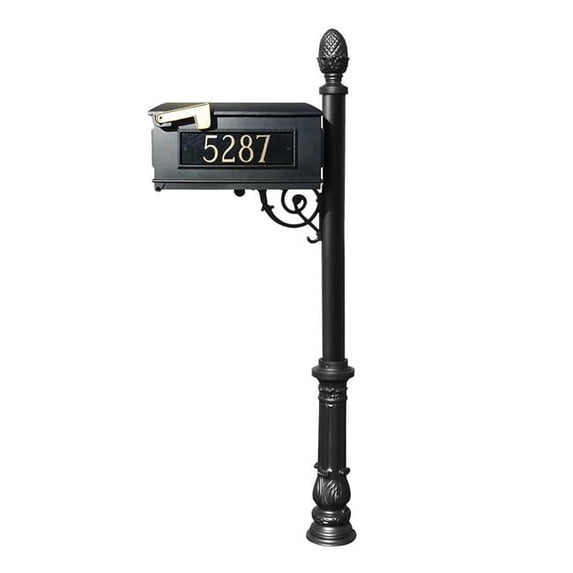 Lewiston Mailbox post system with ornate base, pineapple finial and 3 cast aluminum personalized address plates, Black