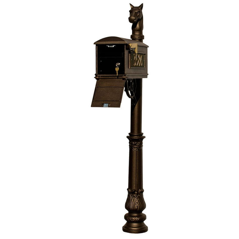 Lewiston Bronze Post Mount Locking Insert Mailbox with decorative Ornate Base and Horsehead Finial Lewiston Bronze Post Mount Locking Insert Mailbox with decorative Ornate Base and Horsehead Finial